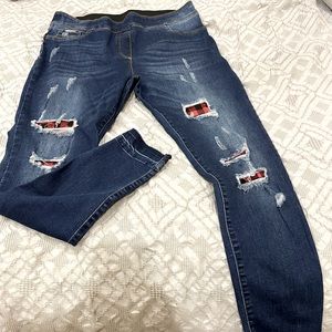 Coco + Carmen NWOT Red & Black Plaid Patchwork Stretch Skinny Jeans Size Large